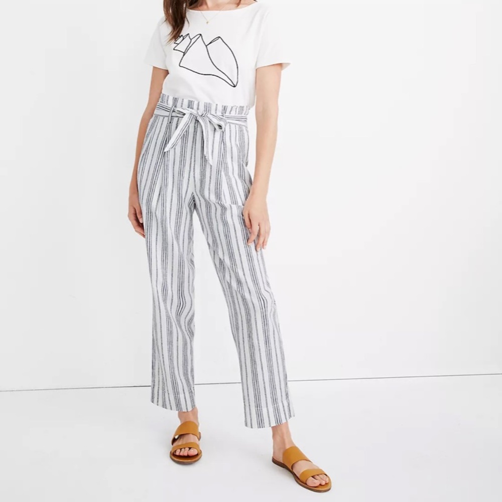 Madewell blue and white stripe paper bag pants